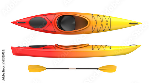 Vászonkép Set of two views plastic kayak yellow-red fire color withe oar