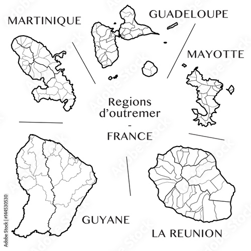 Detailed map of the overseas regions Martinique, Guadeloupe, Mayotte, Guyane, and Reunion (France) including all the administrative subdivisions (from region to municipalities). Vector illustration photo