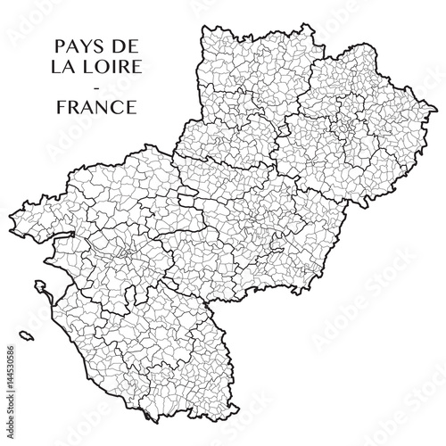 Detailed map of the region of Pays de la Loire, France including all the administrative subdivisions (departments, arrondissements, cantons, and municipalities). Vector illustration photo