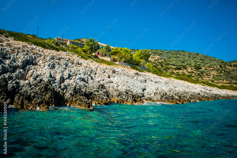Greece, Zakynthos, August 2016. Rocks, caves and blue water