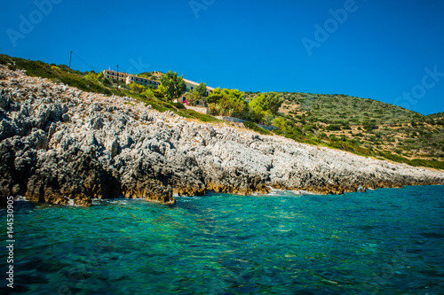 Obraz na płótnie Greece, Zakynthos, August 2016. Rocks, caves and blue water w salonie