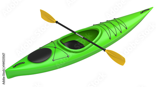 Green crossover kayak with yellow paddle. 3D render, isolated on white background