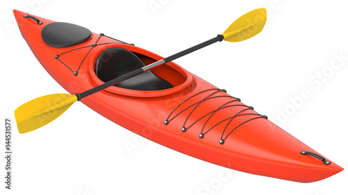 Fényképezés Orange plastic kayak with yellow paddle