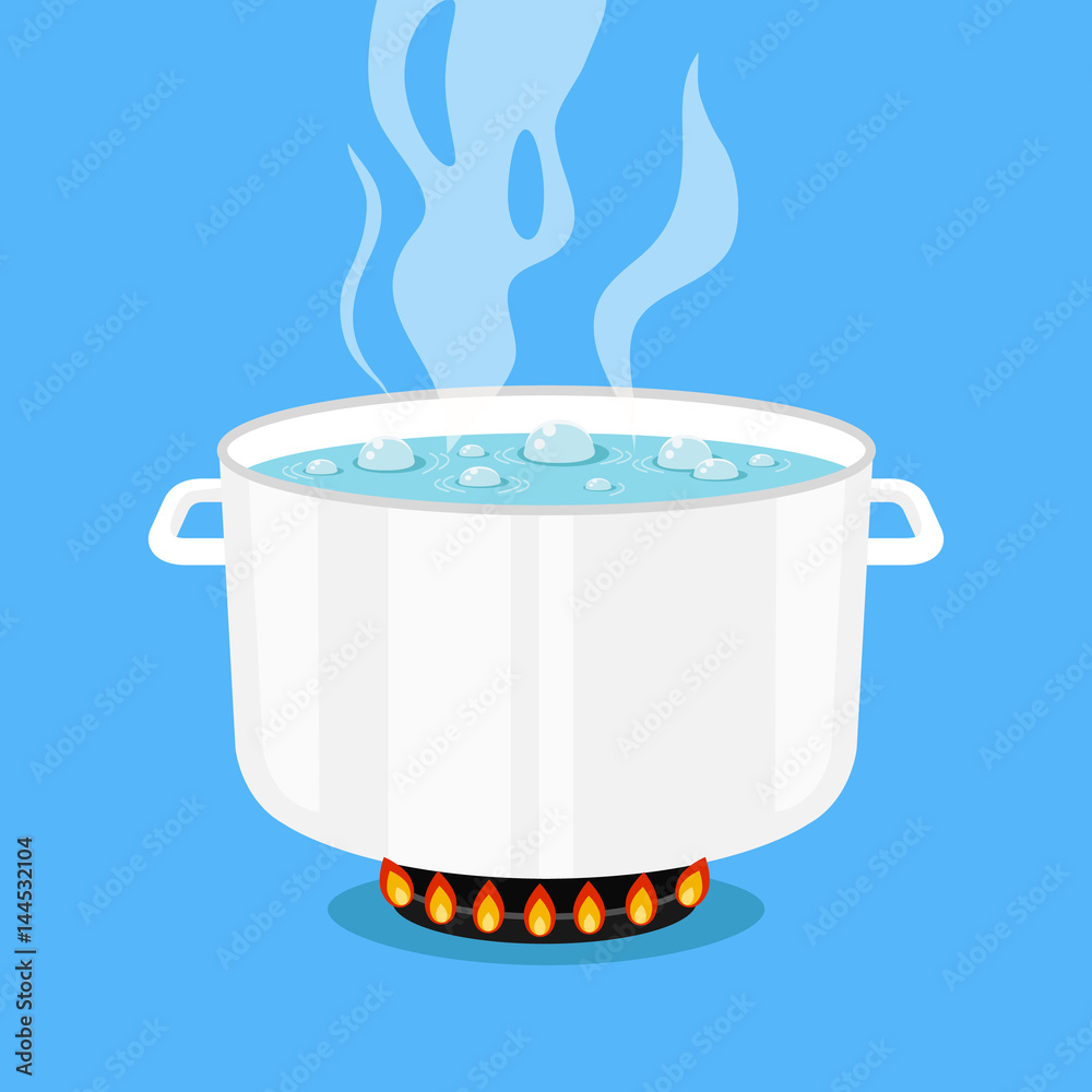 Boiling water in pan. White cooking pot on stove with water and