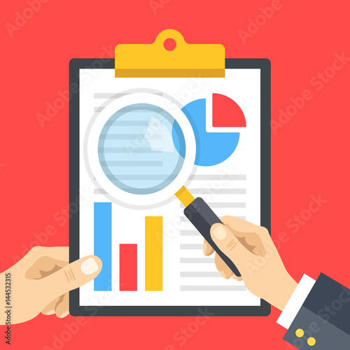 Audit, financial statement review. Hand holding clipboard with financial report and hand holding magnifying glass, loupe. Business research, business analysis concepts. Flat design vector illustration