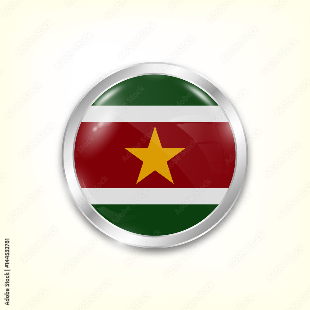 Round button national flag of Suriname with the reflection of light and shadow. Icon country. Realistic vector illustration. Round button national flag of Suriname with the reflection of light and shadow. Icon country. Realistic vector illustration.