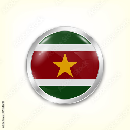Round button national flag of Suriname with the reflection of light and shadow. Icon country. Realistic vector illustration.