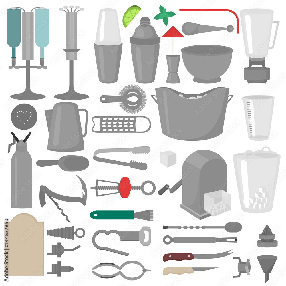 Obraz premium Flat Barman Mixing, Opening and Garnishing Tools. Bartender equipment. Isolated instrument icon