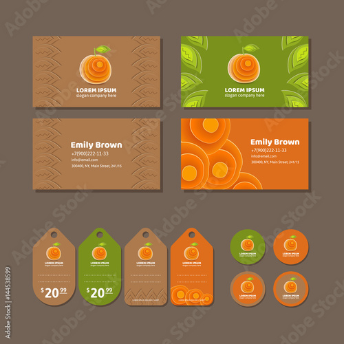 Corporate identity for a store selling oranges. Logo, business card, price tag and the sticker on the fruit. Vector illustration in modern style.