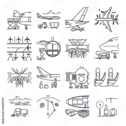 set of thin line icons airport and airplane, freight, cargo aircraft
