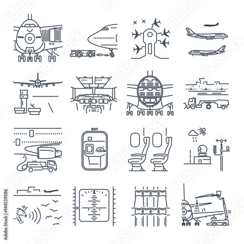 set of thin line icons airport and airplane, ground handling, plane  maintenance