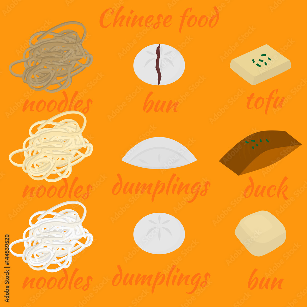 Set of chinese food flat design elements. Asian street food menu. Traditional dish Peking duck and tofu. Dumplings jiaozi and baozi, noodles and bun.