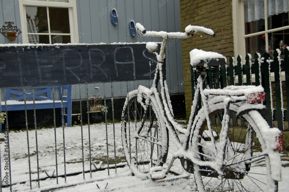 A snowy bicylcle in Marken, the Netherlands
