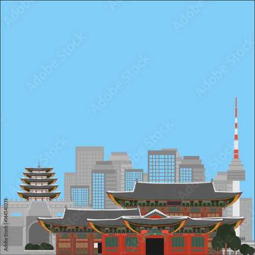 South Korea country design flat cartoon elements. Travel landmark, Seoul tourism place. World vacation travel city sightseeing Asia building collection. Asian architecture isolated