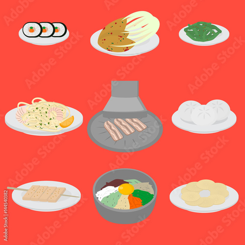 Set of korean food flat design elements. Asian street food menu. Traditional dish kimchi, dumplings, noodle and bibimbap