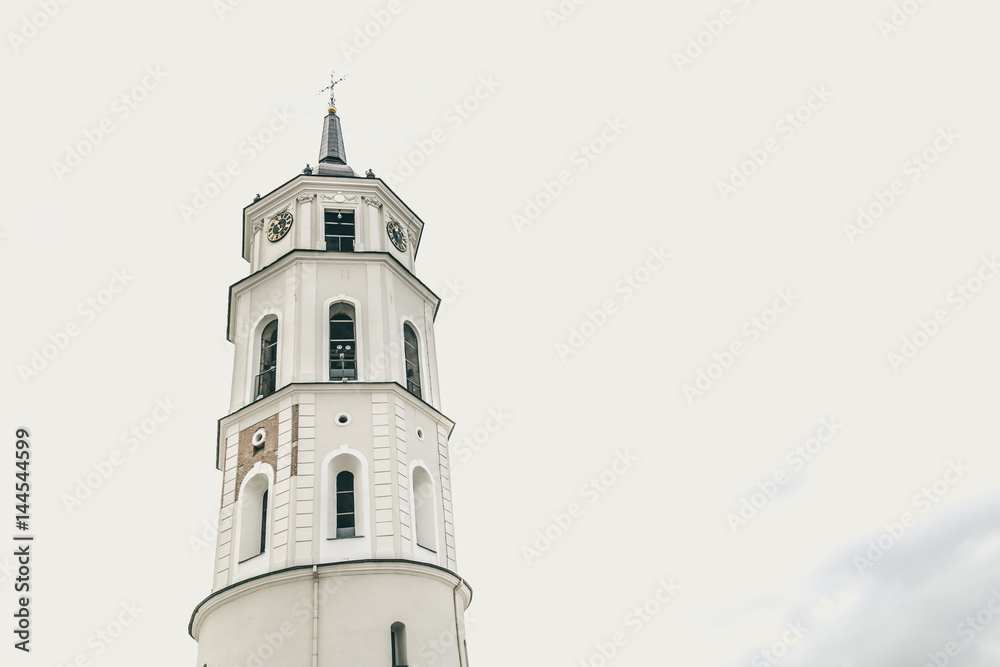 White bell tower  on Cathedral square in  Vilnius Lithuania