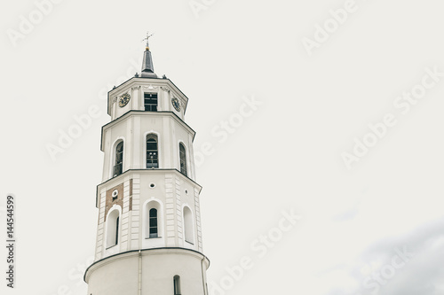 White bell tower on Cathedral square in Vilnius Lithuania