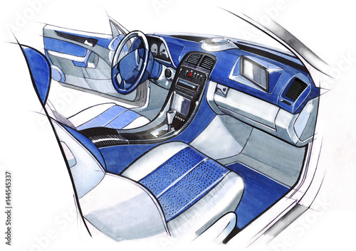 Design sketching the interior of a sports car coupe. Illustration.