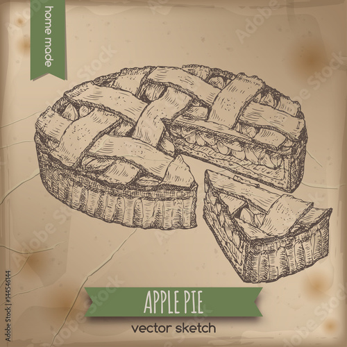 Vintage apple pie sketch on old paper background.