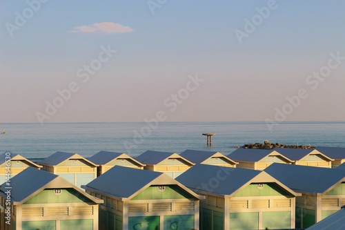 Beach cabins on the famous Lido beach in Venice, in the low season in April. Lido di Venezia, Italy, europe.