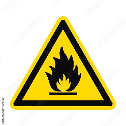 Icon danger fire risk. Fire on yellow triangle isolated on white background. Vector illustration.