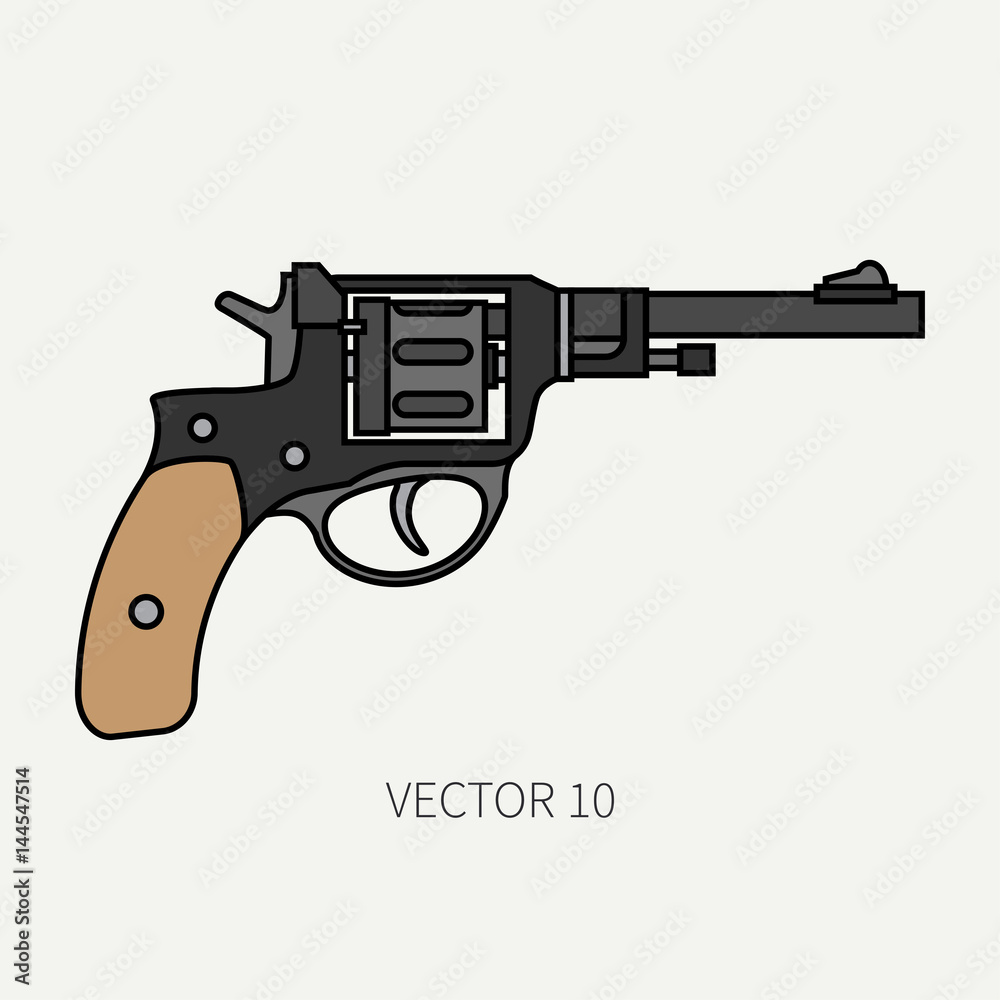 Line flat color vector military icon revolver, pistol. Army equipment and armament. Legendary retro weapon. Cartoon style. Assault. Soldier. War. Illustration and element for your design and wallpaper