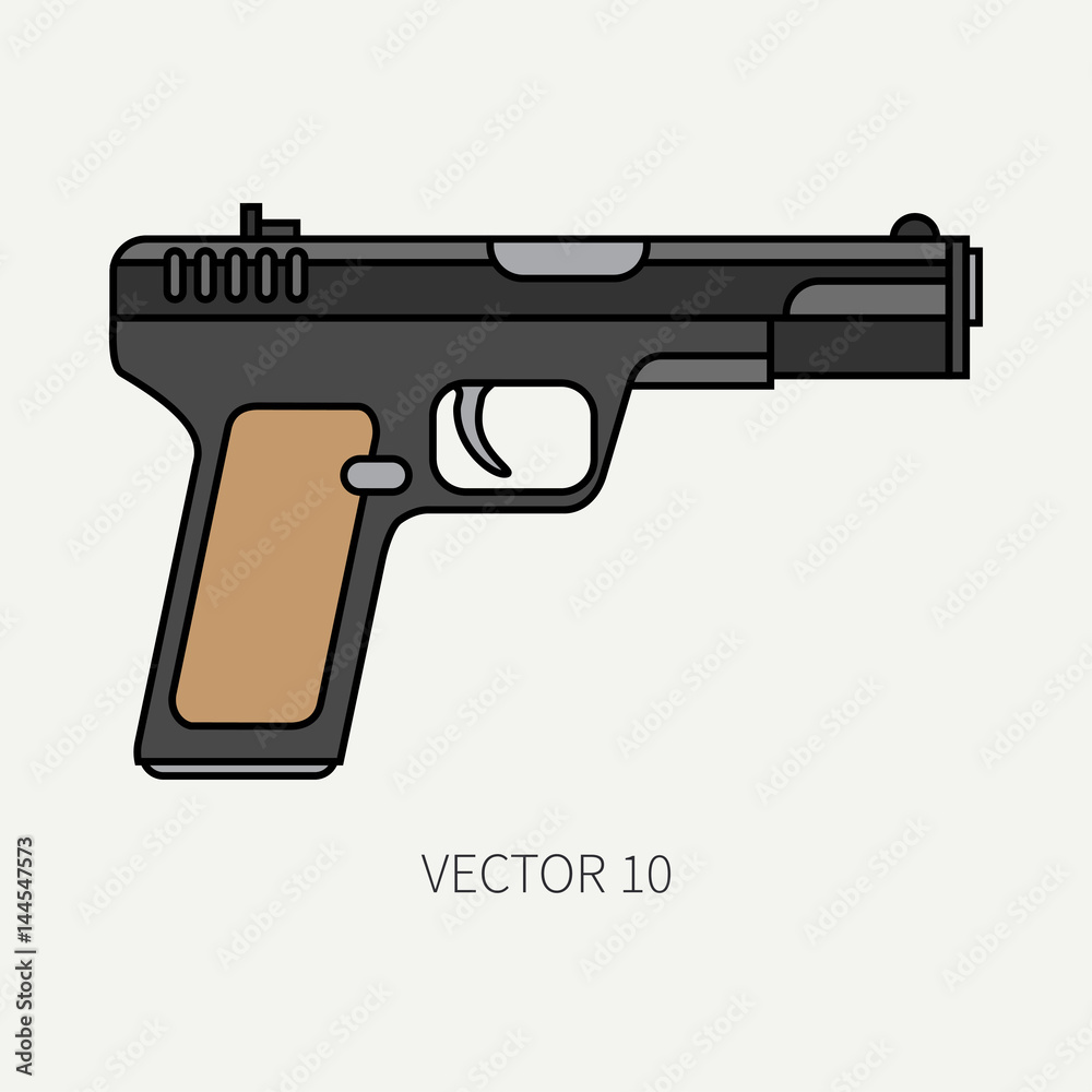 Line flat color vector military icon handgun, pistol. Army equipment and armament. Legendary retro weapon. Cartoon style. Assault. Soldiers. War. Illustration and element for your design and wallpaper