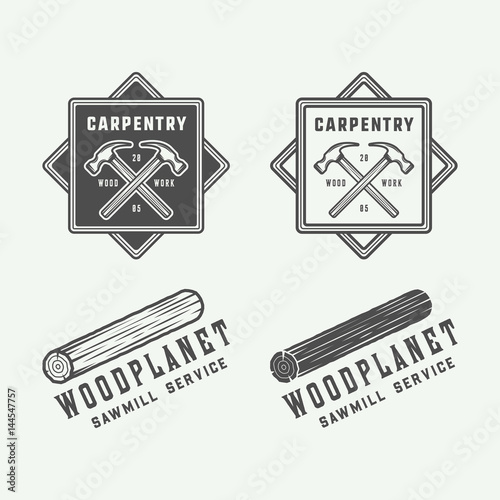 Set of vintage carpentry, woodwork and mechanic labels, badges, emblems and logo. Vector illustration. Monochrome Graphic Art.