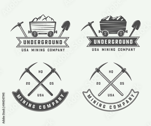 Set of retro mining or construction logo badges and labels in vintage style. Monochrome Graphic Art. Vector Illustration.