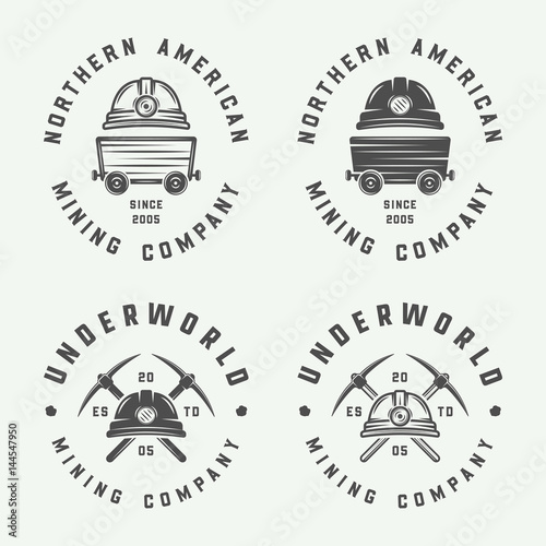 Set of retro mining or construction logo badges and labels in vintage style. Monochrome Graphic Art. Vector Illustration.