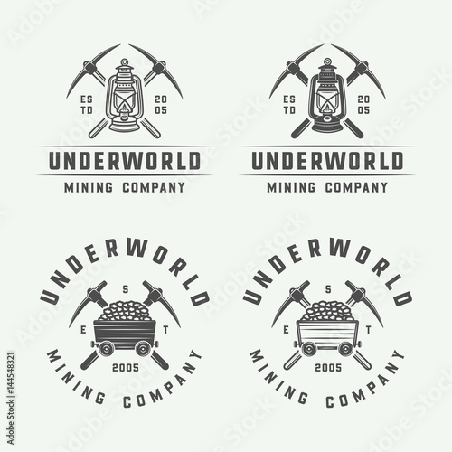 Set of retro mining or construction logo badges and labels in vintage style. Monochrome Graphic Art. Vector Illustration.