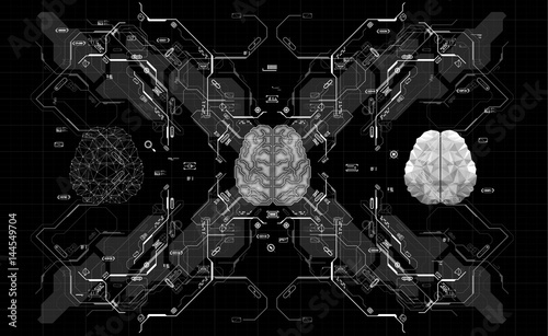 Conceptual Polygonal Brain with HUD elements. Background with futuristic user interface. Design concept with Head-up Display elements.