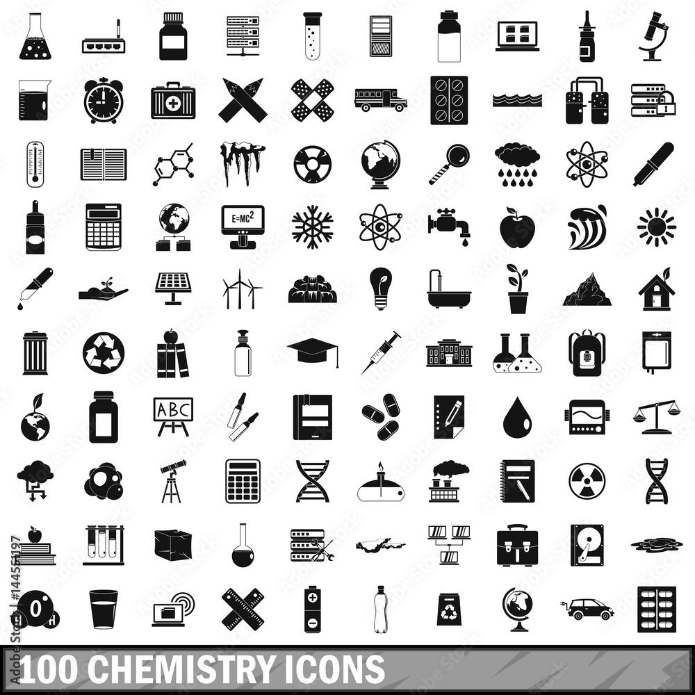 100 chemistry icons set, simple style 100 chemistry icons set, simple style
