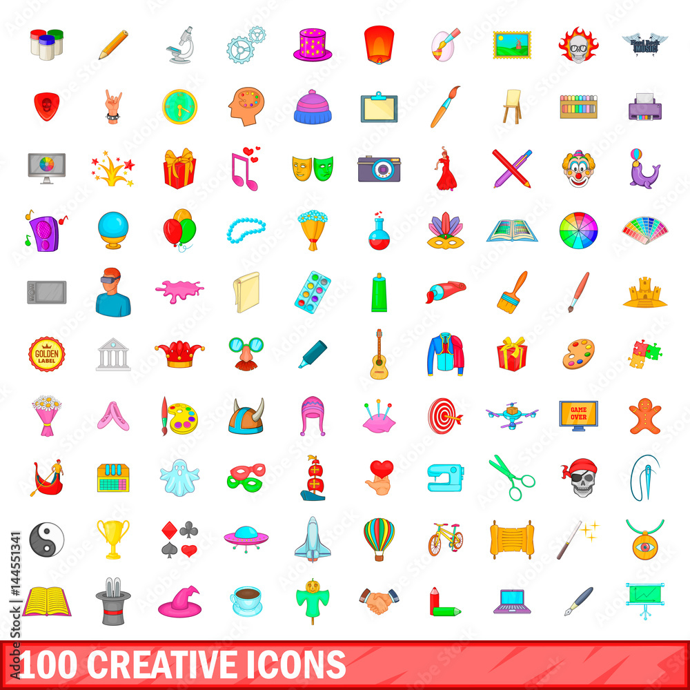100 creative icons set, cartoon style