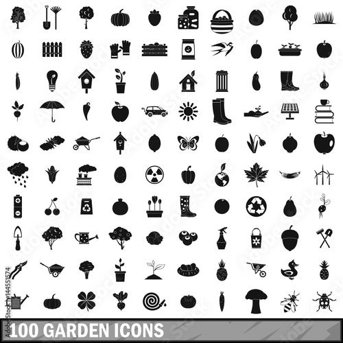100 garden icons set, simple style 