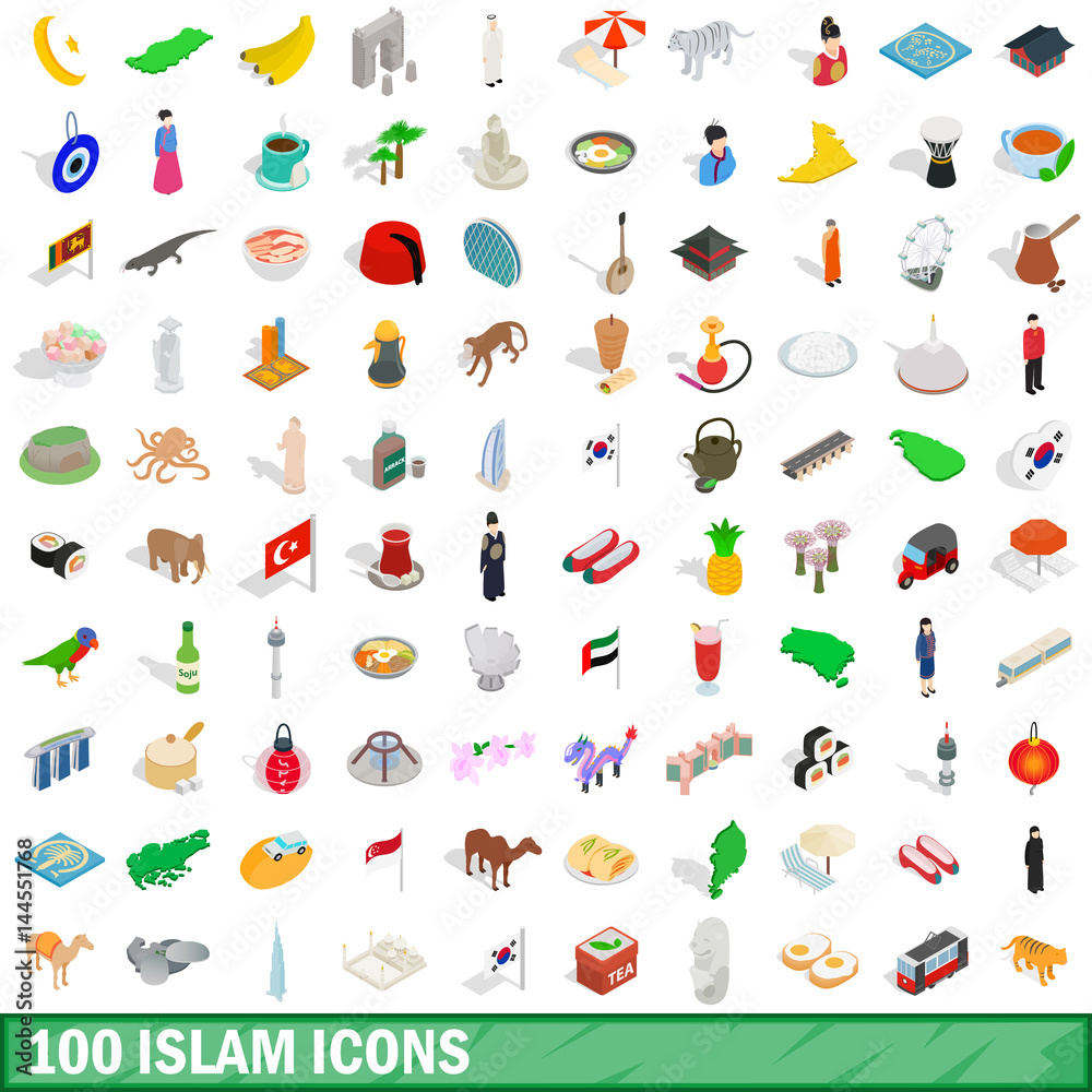 100 islam icons set, isometric 3d style