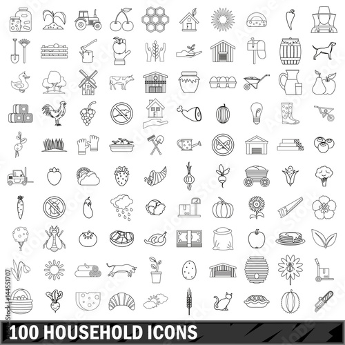 100 household icons set, outline style