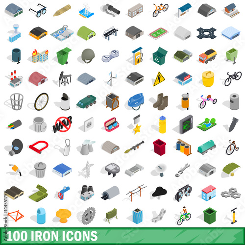 100 iron icons set, isometric 3d style