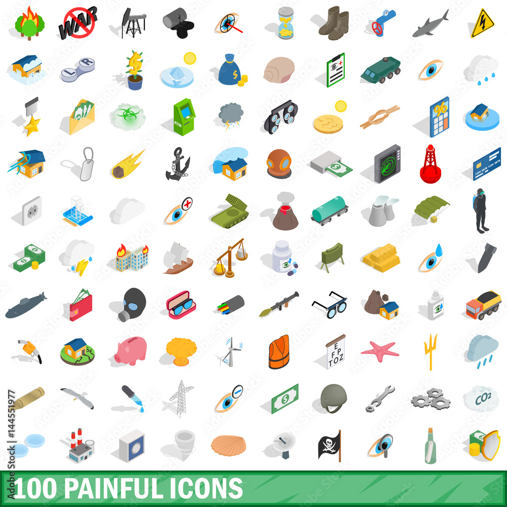 100 painful icons set, isometric 3d style
