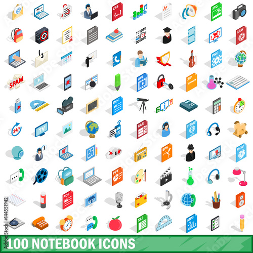 100 notebook icons set, isometric 3d style