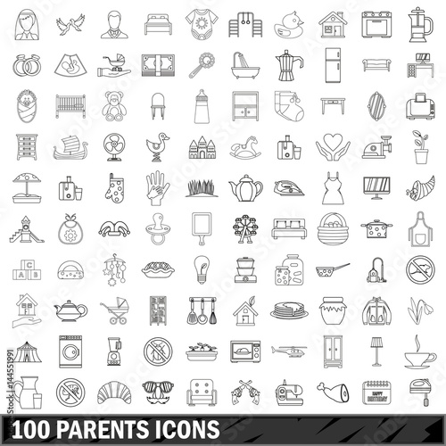 100 parents icons set, outline style