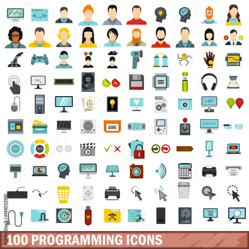 100 programming icons set, flat style