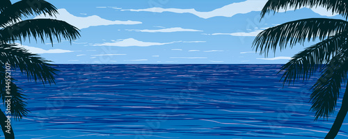 Vector illustration. Silhouettes of palm trees on background of blue ocean.