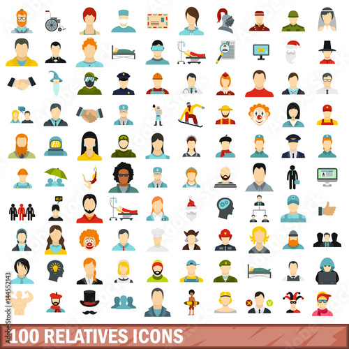 100 relatives icons set, flat style