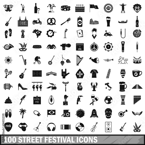 100 street festival icons set, simple style 