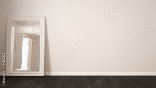 Scandinavian minimalist white background with mirror and parquet flooring  room interior design