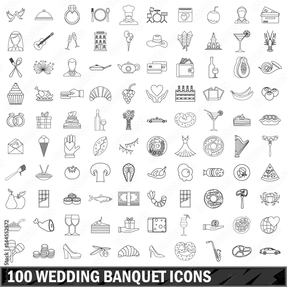 100 wedding banquet icons set, outline style 100 wedding banquet icons set, outline style