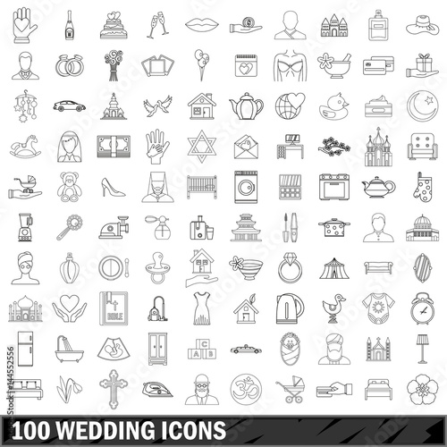 100 wedding icons set, outline style
