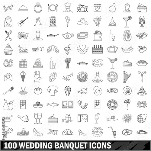 100 wedding banquet icons set, outline style