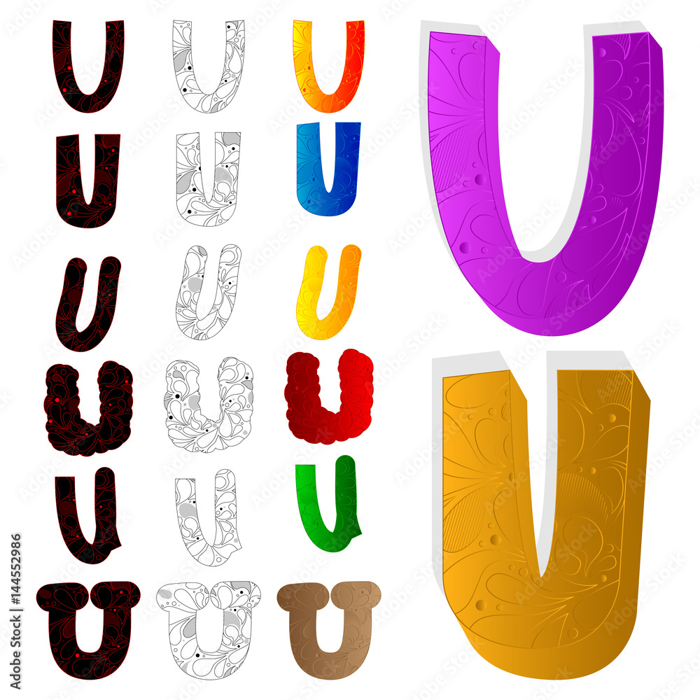 Obraz premium Vector illustrated set of letter U, filled with floral elements.